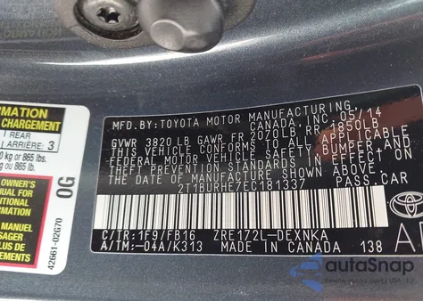 2014 Toyota Corolla Le Plus from USA, damaged, VIN 2T1BURHE7EC181337